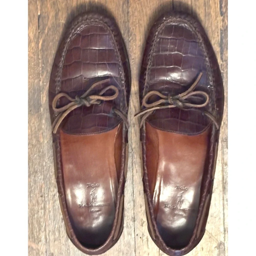Polo Ralph Lauren Loafers 11D Mens Brown Crocodile Embossed Boat Shoe Vintage‎